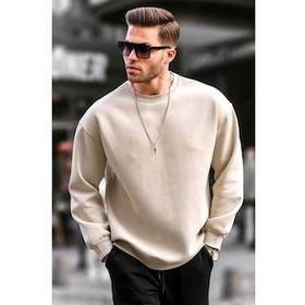 Madmext 6048 Bej Bisiklet Yaka Oversize Şardonlu Basic Erkek Sweatshirt