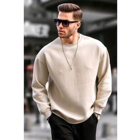 Madmext 6048 Bej Bisiklet Yaka Oversize Şardonlu Basic Erkek Sweatshirt
