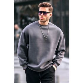 Madmext 6048 Füme Bisiklet Yaka Oversize Şardonlu Basic Erkek Sweatshirt