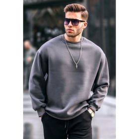 Madmext 6048 Füme Bisiklet Yaka Oversize Şardonlu Basic Erkek Sweatshirt