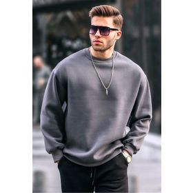 Madmext 6048 Füme Bisiklet Yaka Oversize Şardonlu Basic Erkek Sweatshirt