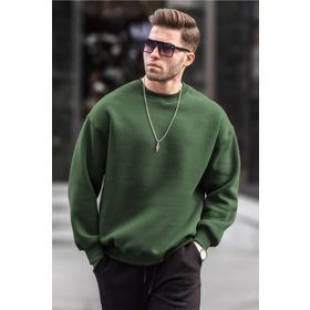 Madmext 6048 Haki Bisiklet Yaka Oversize Şardonlu Basic Erkek Sweatshirt