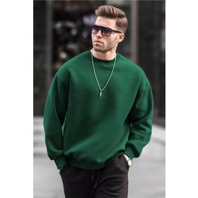 Madmext 6048 Haki Bisiklet Yaka Oversize Şardonlu Basic Erkek Sweatshirt
