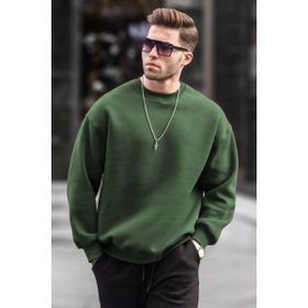Madmext 6048 Haki Bisiklet Yaka Oversize Şardonlu Basic Erkek Sweatshirt