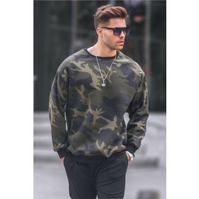 Madmext 6048 Haki Bisiklet Yaka Oversize Şardonlu Basic Erkek Sweatshirt