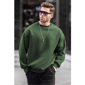 Madmext 6048 Haki Bisiklet Yaka Oversize Şardonlu Basic Erkek Sweatshirt