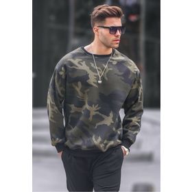 Madmext 6048 Haki Bisiklet Yaka Oversize Şardonlu Basic Erkek Sweatshirt