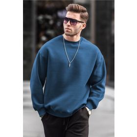 Madmext 6048 Lacivert Bisiklet Yaka Oversize Şardonlu Basic Erkek Sweatshirt