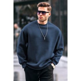 Madmext 6048 Lacivert Bisiklet Yaka Oversize Şardonlu Basic Erkek Sweatshirt