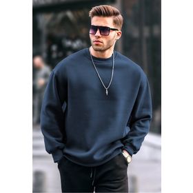 Madmext 6048 Lacivert Bisiklet Yaka Oversize Şardonlu Basic Erkek Sweatshirt