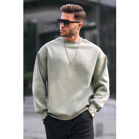 Madmext 6048 Mint Yeşili Bisiklet Yaka Oversize Şardonlu Basic Erkek Sweatshirt