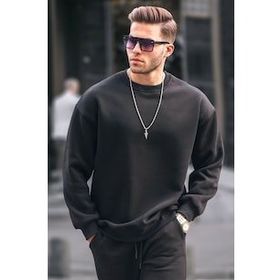 Madmext 6048 Siyah Bisiklet Yaka Oversize Şardonlu Basic Erkek Sweatshirt