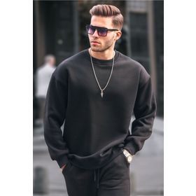Madmext 6048 Siyah Bisiklet Yaka Oversize Şardonlu Basic Erkek Sweatshirt