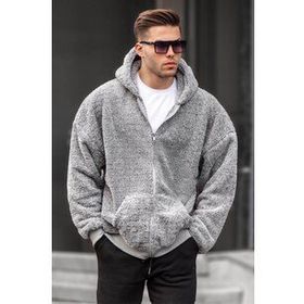 Madmext 6049 Gri Peluş Over Fit Kapüşonlu Fermuarlı Erkek Sweatshirt