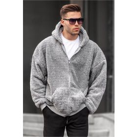 Madmext 6049 Gri Peluş Over Fit Kapüşonlu Fermuarlı Erkek Sweatshirt