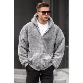 Madmext 6049 Gri Peluş Over Fit Kapüşonlu Fermuarlı Erkek Sweatshirt