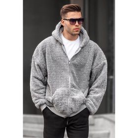Madmext 6049 Gri Peluş Over Fit Kapüşonlu Fermuarlı Erkek Sweatshirt