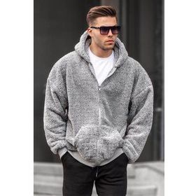 Madmext 6049 Gri Peluş Over Fit Kapüşonlu Fermuarlı Erkek Sweatshirt