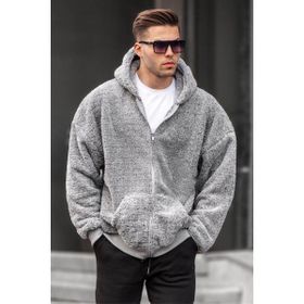 Madmext 6049 Gri Peluş Over Fit Kapüşonlu Fermuarlı Erkek Sweatshirt