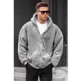 Madmext 6049 Gri Peluş Over Fit Kapüşonlu Fermuarlı Erkek Sweatshirt