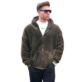Madmext 6049 Haki Peluş Kapüşonlu Erkek Swetshirt