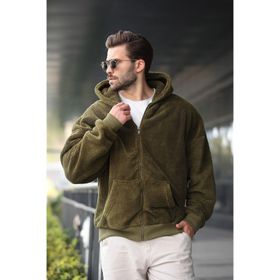 Madmext 6049 Haki Peluş Kapüşonlu Erkek Swetshirt