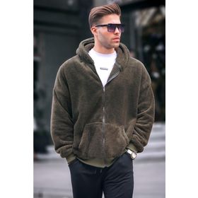 Madmext 6049 Haki Peluş Kapüşonlu Erkek Swetshirt
