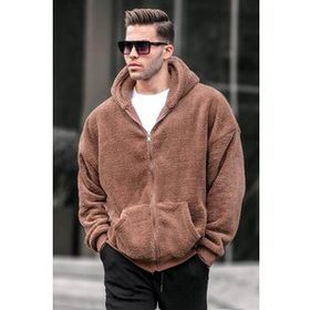 Madmext 6049 Kahverengi Peluş Over Fit Kapüşonlu Fermuarlı Erkek Sweatshirt