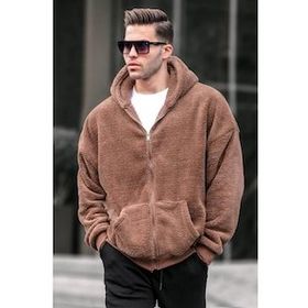 Madmext 6049 Kahverengi Peluş Over Fit Kapüşonlu Fermuarlı Erkek Sweatshirt