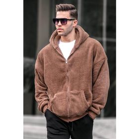 Madmext 6049 Kahverengi Peluş Over Fit Kapüşonlu Fermuarlı Erkek Sweatshirt