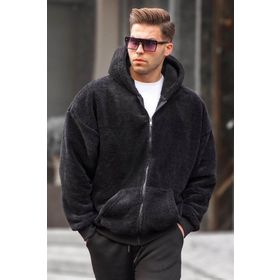 Madmext 6049 Siyah Peluş Over Fit Kapüşonlu Fermuarlı Erkek Sweatshirt