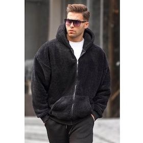 Madmext 6049 Siyah Peluş Over Fit Kapüşonlu Fermuarlı Erkek Sweatshirt