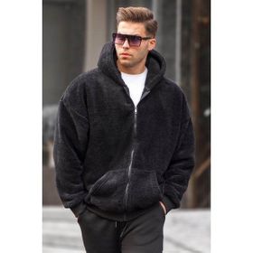 Madmext 6049 Siyah Peluş Over Fit Kapüşonlu Fermuarlı Erkek Sweatshirt