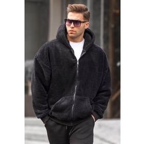Madmext 6049 Siyah Peluş Over Fit Kapüşonlu Fermuarlı Erkek Sweatshirt