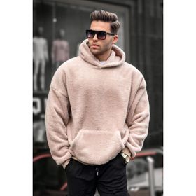 Madmext 6050 Bej Peluş Kapüşonlu Erkek Sweatshirt