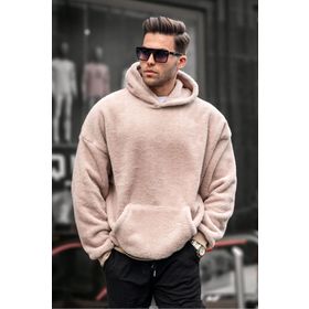 Madmext 6050 Bej Peluş Kapüşonlu Erkek Sweatshirt