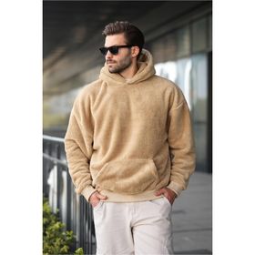 Madmext 6050 Bej Peluş Kapüşonlu Erkek Sweatshirt