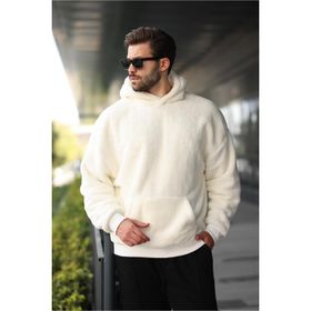 Madmext 6050 Ekru Peluş Kapüşonlu Erkek Sweatshirt