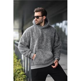 Madmext 6050 Gri Peluş Kapüşonlu Erkek Sweatshirt