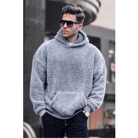 Madmext 6050 Gri Peluş Kapüşonlu Erkek Sweatshirt