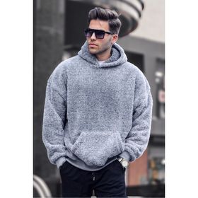 Madmext 6050 Gri Peluş Kapüşonlu Erkek Sweatshirt