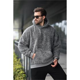 Madmext 6050 Gri Peluş Kapüşonlu Erkek Sweatshirt
