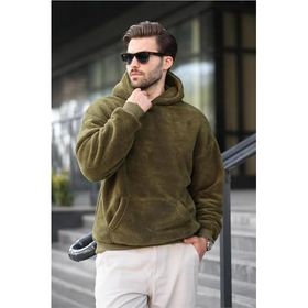 Madmext 6050 Haki Peluş Kapüşonlu Erkek Sweatshirt