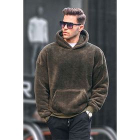 Madmext 6050 Haki Peluş Kapüşonlu Erkek Sweatshirt