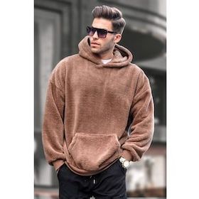 Madmext 6050 Kahverengi Peluş Kapüşonlu Erkek Sweatshirt