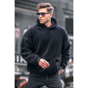 Madmext 6050 Siyah Peluş Kapüşonlu Erkek Sweatshirt