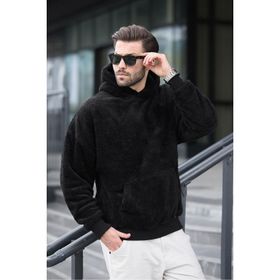 Madmext 6050 Siyah Peluş Kapüşonlu Erkek Sweatshirt