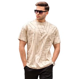 Madmext 6061 Bej Harf Desenli Bisiklet Yaka Erkek T-shirt
