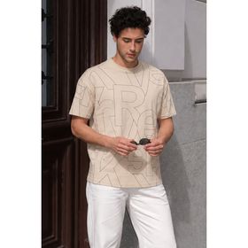 Madmext 6061 Bej Harf Desenli Bisiklet Yaka Erkek T-shirt