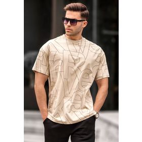 Madmext 6061 Bej Harf Desenli Bisiklet Yaka Erkek T-shirt